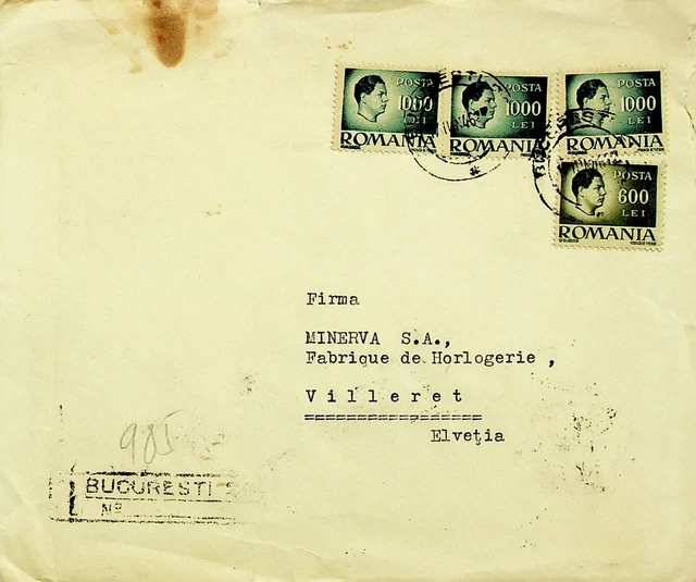 ROMANIA 1946 POST WWII 9v ON BUCURESTI REGD COVER TO VILLERET SWITZERLAND