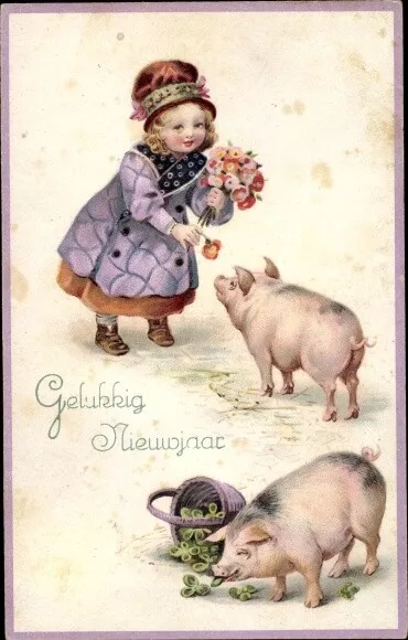 Ak Glückwunsch Neujahr, Mädchen füttert Schweinchen - 2919583