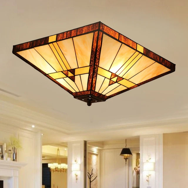 Retro Tiffany Style Stained Glass Flush Mount Ceiling Light Baroque Bedroom Lamp