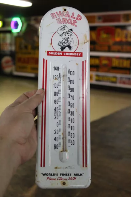 RARE 1950s SUNNY JIM EWALD DAIRY MILK GURNSEY EMBOSSED METAL THERMOMETER SIGN