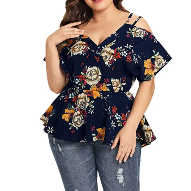 Women's Plus Size Short Sleeve Shirt Cold Shoulder Floral Peplum Top Blouse