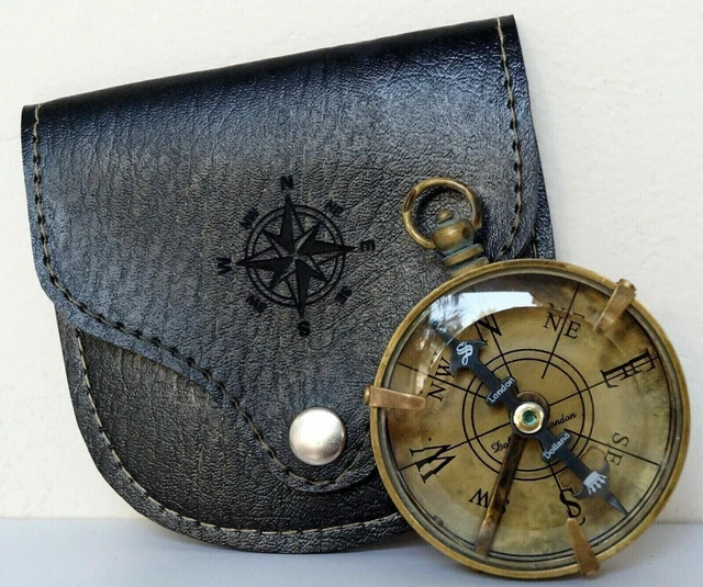 Antique Brass Vintage Dollond London Flat Pocket Compass With Leather Case gift