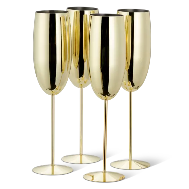 4 Champagne Flutes Stainless Steel Gold Prosecco Glasses Partyware 285ml Xmas