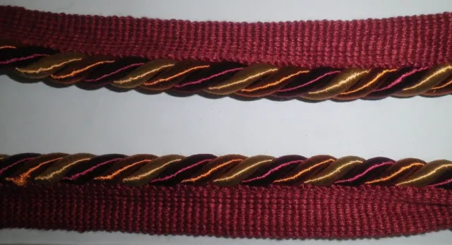 6 yards CORD W/LIP  7/16"  RED WINE /  RUST / GOLD Upholstery Chair Fabric Trim