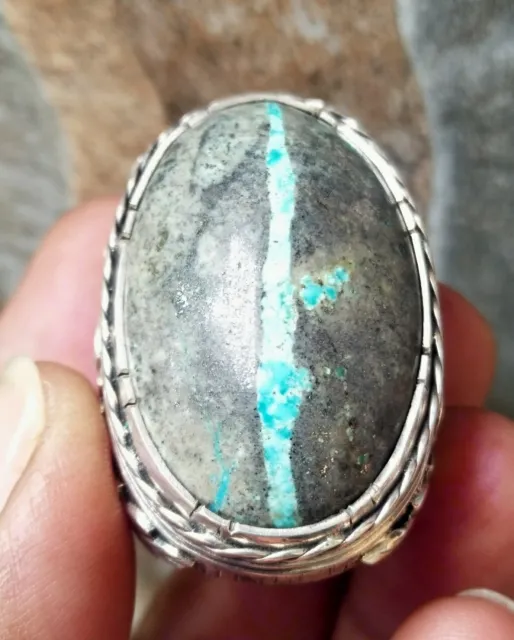 Natural blue RIBBON turquoise 193ct with silver ring setting rare stuff