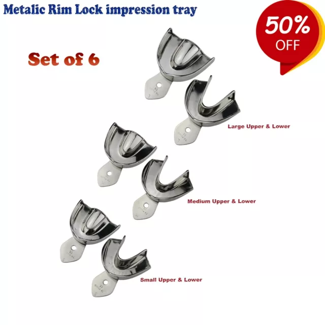 Set of 6 Metalic Rim Lock Impression Trays Upper & Lower Solid Perforated Ortho