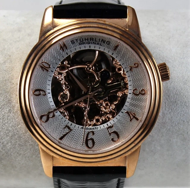 Montre Homme Stuhrling Original Cadran Carré Bicolore Or Rose/Noir - Bracelet Caoutchouc - Étanche 50m - Occasion