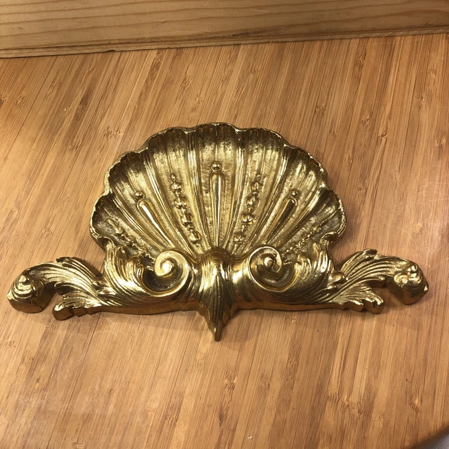 Vintage Scalloped Shell Brass Baroque Wall Plaque Embellishment Medallion 9"X5"