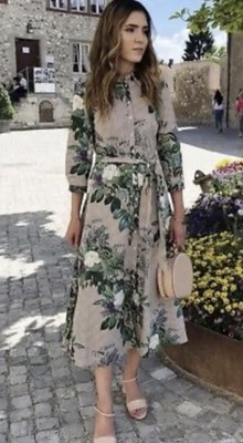 BNWT Zara Rare Green Brown Flower Floral Button Belted  Stripe Dress XS