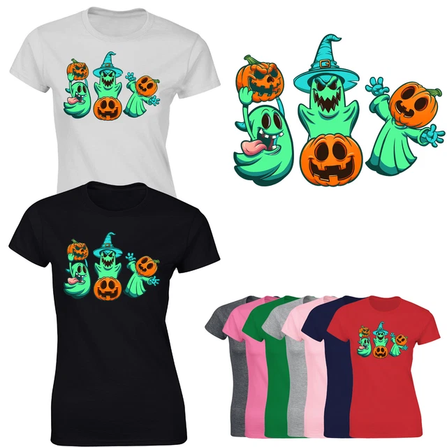 HALLOWEEN CAT LADIES T Shirt Boo Pumpkin Ghost Spooky Scary Kitten