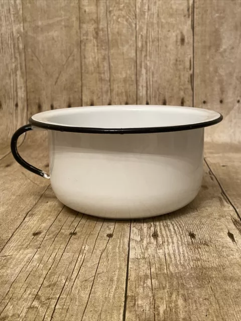 White Black Enamelware Bedpan Chamber Pot Basin Bowl Planter Handle Vintage 7.5"