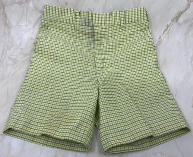 Vintage 1970s Boys Koratron Shorts Green Tan Plaid Approximate size 4 to 5