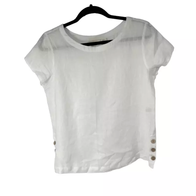 CYNTHIA ROWLEY WHITE 100% Linen Short Sleeve Button Detail Top Sz L $25 ...