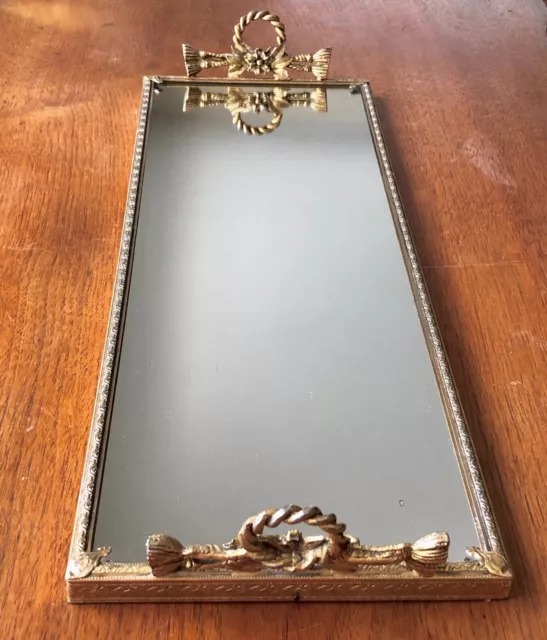 Vintage Mirrored Dresser Vanity Tray Ornate Gold Tone Flower Rope Motif Handles