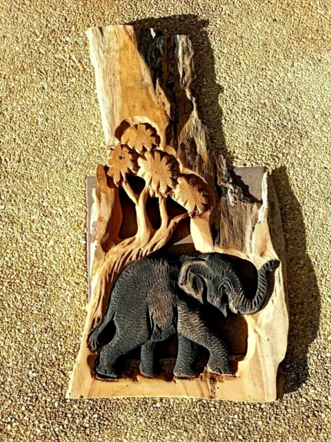 Wooden Thai elephant Hand Carved  Art Figure Wall Hang For Gift Home Decoration