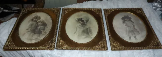 3 Vintage Bubble, Concave Glass 12X10.5 Gold Guild Ornate Frames W/ Baby Dolls