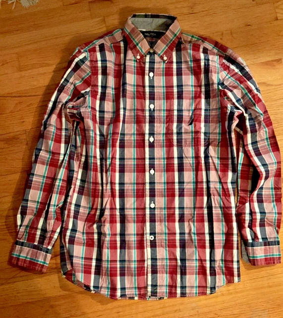 NAUTICA BUTTON UP Shirt Mens S Multi Plaid 100% Cotton Long Slvs Collar 