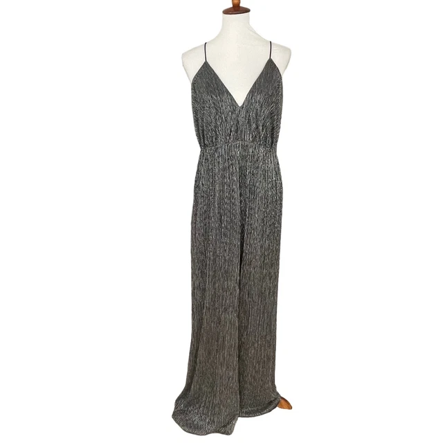 Halston Heritage Antique Metallic Silver T Back Textured Jumpsuit Size Large