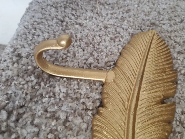 Gold Painted Solid Brass Large 14" Feather Coat Hat Hanger Wall Hanging 3 hooks 3