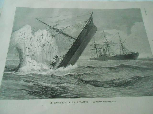 Gravure 1883 - Le naufrage de la Picardie le steamer sombrant à pic