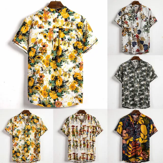 New Men Hawaiian Floral T Shirt Summer Short Sleeve Beach Party Top Blouse UK