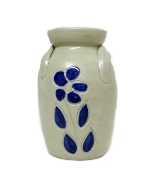 Williamsburg Pottery Vase Hand Turned Pitcher Blue Floral Leaves Urn USA