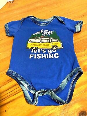Mossy Oak Baby Boys One Piece Sz 3-6 Months Blue Lets go Fishing Snap Camping