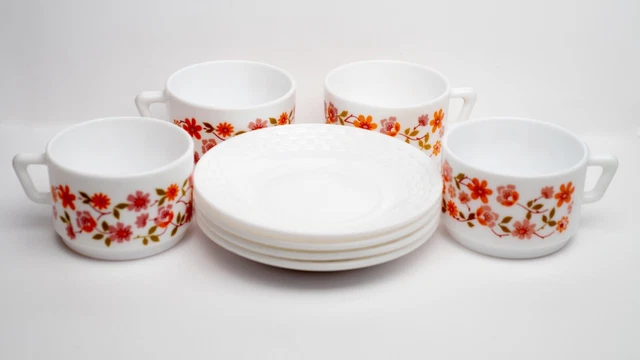 Service à Café Vintage Arcopal 4 Tasses + Soucoupes - Blanc/Orange/Rose