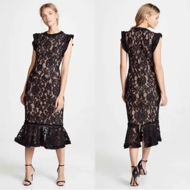 Alexis Kleo Guipure Lace Ruffle Velvet Midi Dress Size: XS