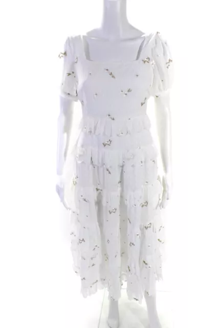 Adelyn Rae Womens Metallic Embroidery Square Neck Tiered Midi Dress White Small