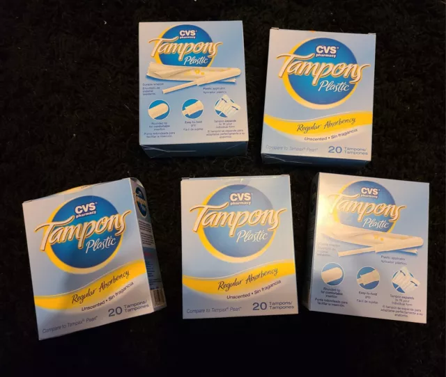 CVS plastic Tampons Tampax Regular Lot Of 5 Boxes 100 Total Pearl NEW Tampon