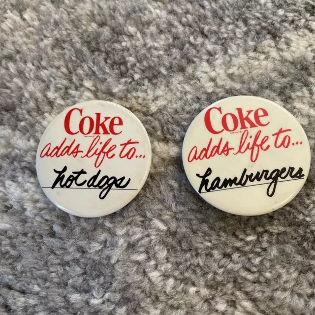 Vintage Coke Coca-Cola Pinback Buttons, Coke Adds Life To… Hamburgers Hot Dogs