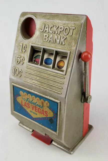 Vintage Reno Plastic MFG Co Las Vegas Toy Slot Machine Mechanical Jackpot Bank