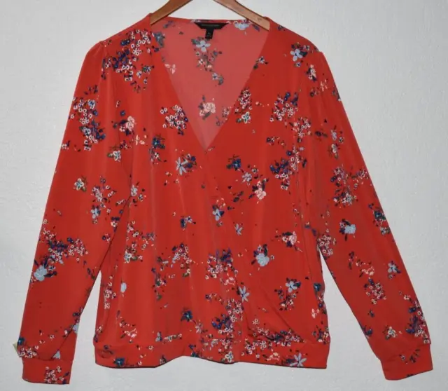 BANANA REPUBLIC Stretch wrap XL red floral long sleeve blouse top Vneck