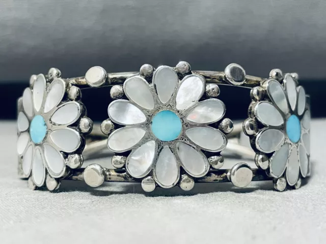 Daisy Flowers Vintage Zuni Turquoise Sterling Silver Inlay Bracelet