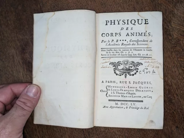 livre ancien- Berthier - Physique des corps animés - 1755 -E.O.