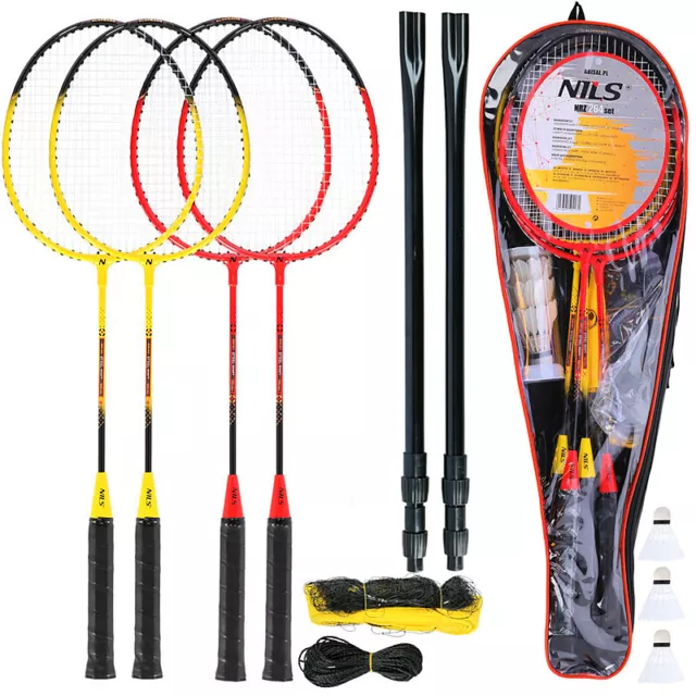 NILS | Badminton Federball Set 4 Schläger Netz Tasche Badmintonset Federballset