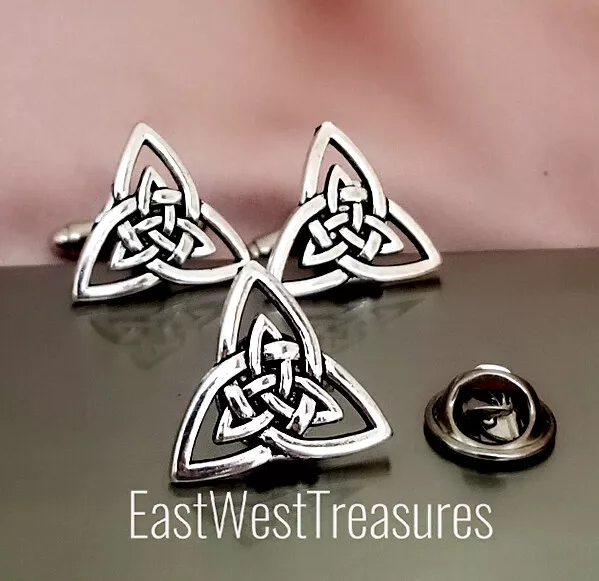 Irish Claddagh Trinity Triquetra Celtic Knot cufflinks and tie pin brooch set