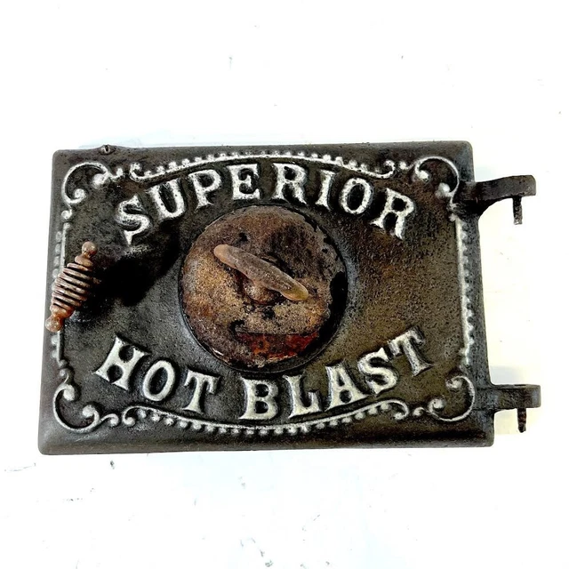ANTIQUE CAST IRON Wood Stove Vent Door Cover "Superior Hot Blast" 1800s