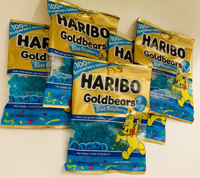 HARIBO BLUE RASPBERRY Goldbears 100th Anniversary Gummy Candy 5 Bags