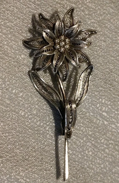 Broche antique en argent 835, bijoux en filigrane, perles de rocaille, décoration florale - France