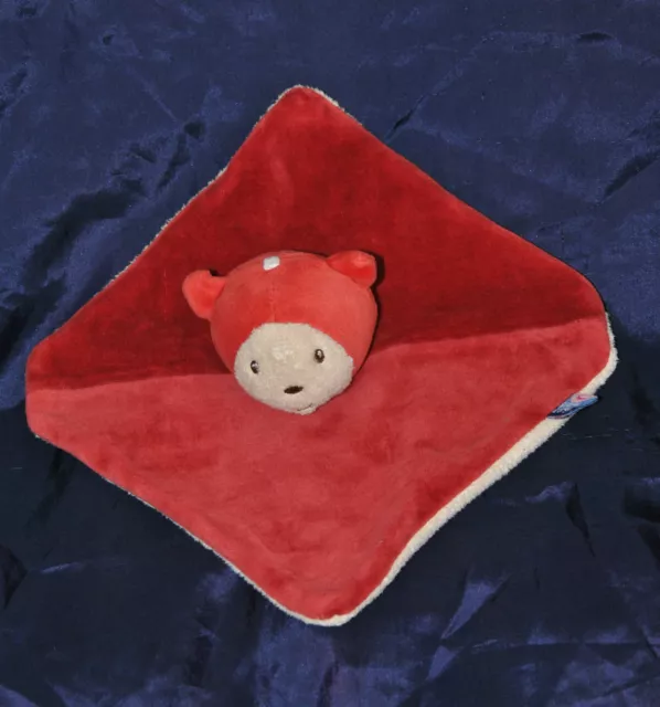 Peluche Doudou Ours Rouge Blanc SUCRE D'ORGE Plat Carré Velours TTBE