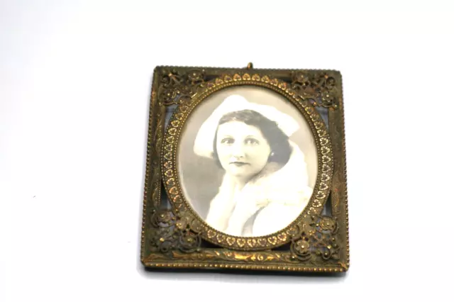 Antique Germany Bronze or Brass Ornate 4X 3.5" Picture Frame Victorian Lady B1