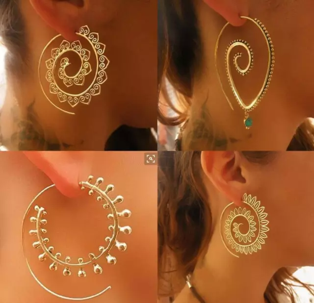 Boucles d'oreilles boho grandes spirales crochet d'oreille hip-hop or argent femmes cerceau cercle bijoux