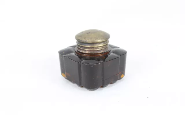 Vintage Dark Amber Thick Heavy Glass Ink Pot with Brass Cap Collectible Inkwell