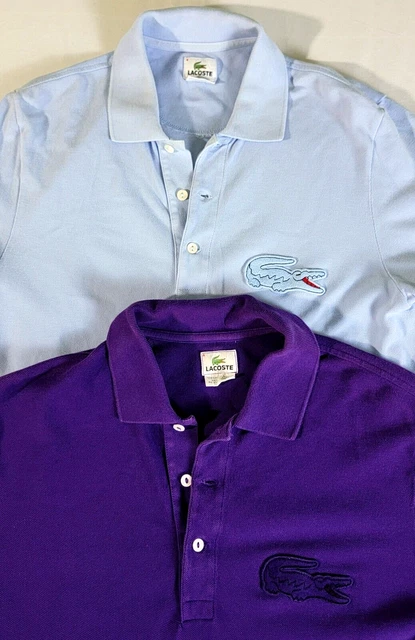 Lacoste Men's Short Sleeve Polo Shirt Lot of 2 BIG CROC Purple, Baby Blue sz 4 Lacoste Men's Short Sleeve Polo Shirt Lot of 2 BIG CROC Purple, Baby Blue sz 4