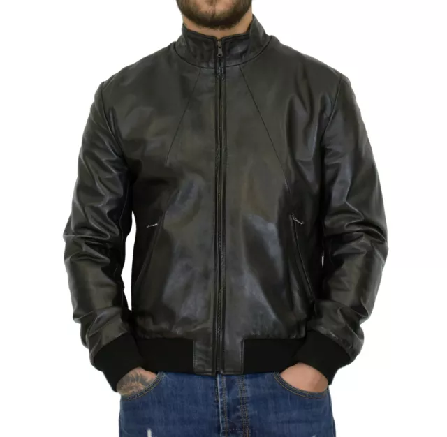 Giubbotto Uomo Bomber Vera Pelle Nero Giacca Giubbino Aderente VIETRI LEATHER