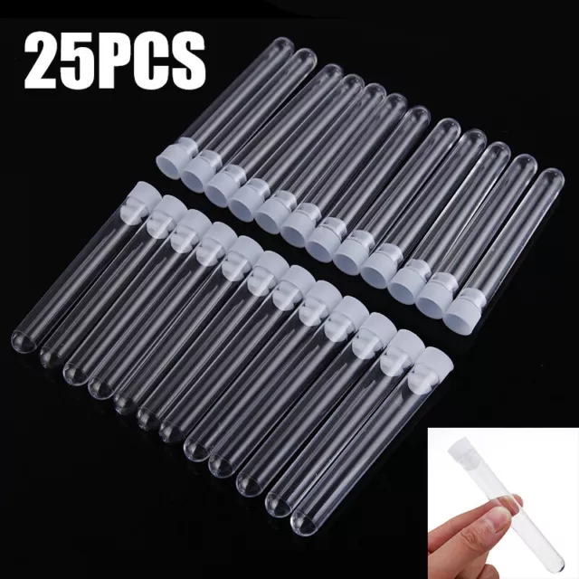 25pcs 15x100mm Clear Plastic Vials Lab Test Tubes with Caps Stoppers White 12ml