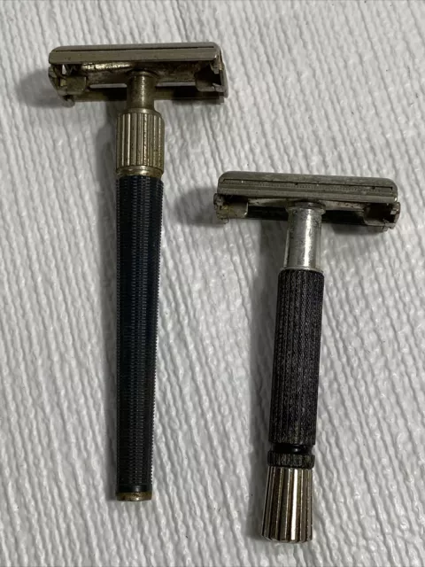 Vintage Gillette Safety Razor Lot Of 2 Black Handle Flare Tip USA