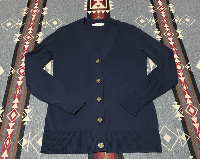 Tory Burch Simone 100% Cotton Cardigan Sweater Size S Navy Blue Gold Buttons T71